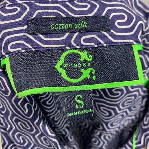 C. Wonder Blue and White Geometric Silk Cotton Blend Button Down Blouse Small - Picture 12 of 13